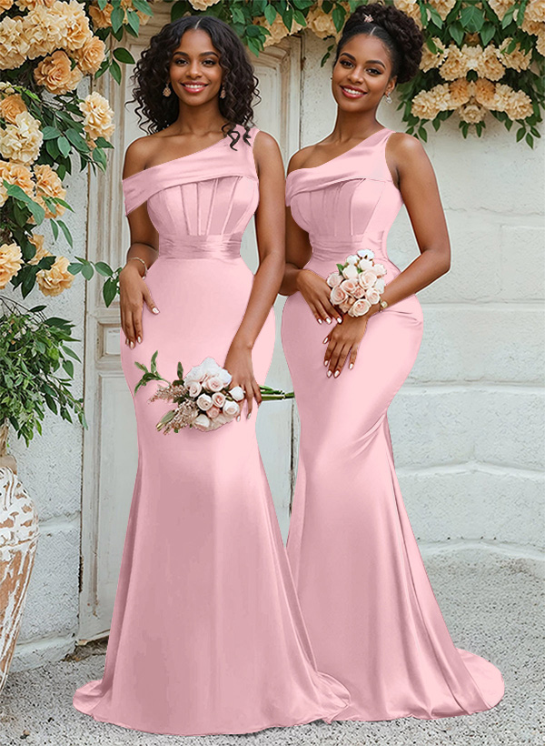 Trumpet/Mermaid Asymmetrical Sweep Train Charmeuse Bridesmaid Dresses, product image 45