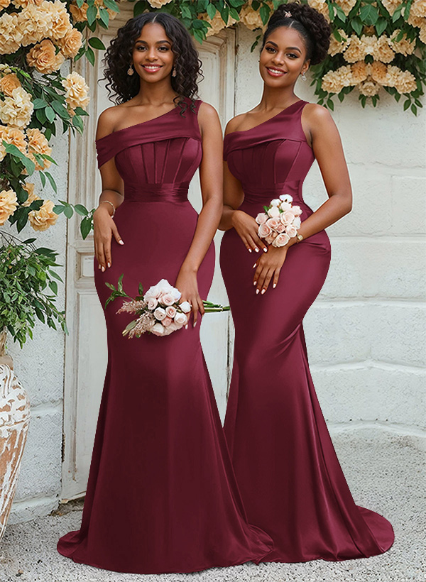 Trumpet/Mermaid Asymmetrical Sweep Train Charmeuse Bridesmaid Dresses, product image 5
