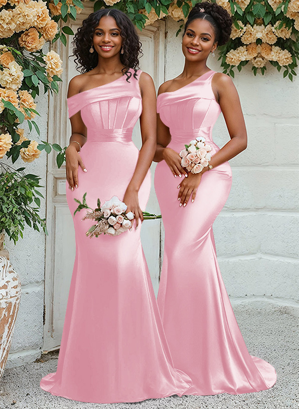 Trumpet/Mermaid Asymmetrical Sweep Train Charmeuse Bridesmaid Dresses, product image 57
