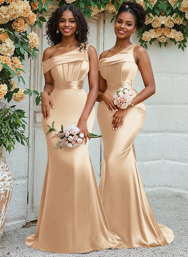 Trumpet/Mermaid Asymmetrical Sweep Train Charmeuse Bridesmaid Dresses, product image 7