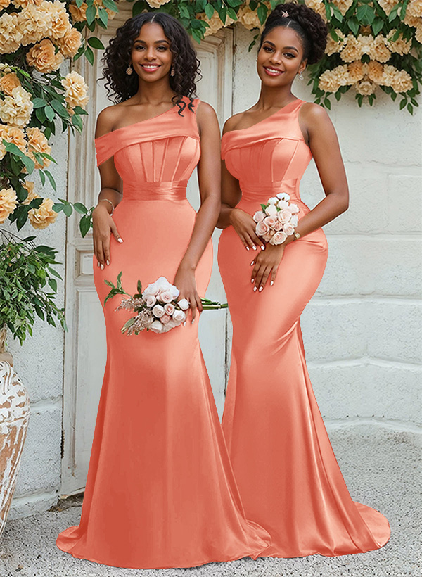 Trumpet/Mermaid Asymmetrical Sweep Train Charmeuse Bridesmaid Dresses, product image 53