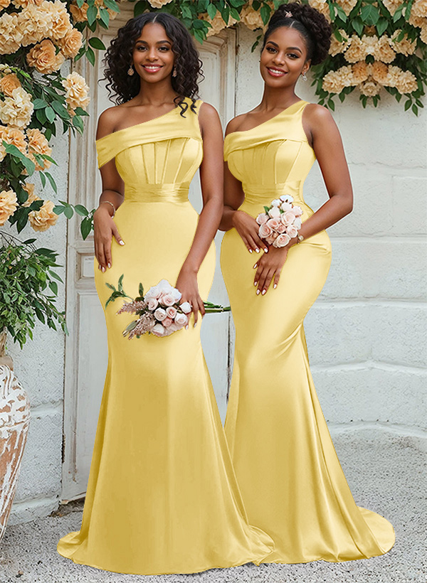 Trumpet/Mermaid Asymmetrical Sweep Train Charmeuse Bridesmaid Dresses, product image 9