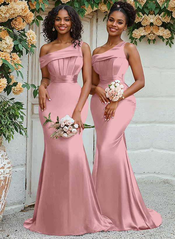 Trumpet/Mermaid Asymmetrical Sweep Train Charmeuse Bridesmaid Dresses, product image 13