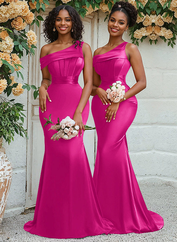 Trumpet/Mermaid Asymmetrical Sweep Train Charmeuse Bridesmaid Dresses, product image 17