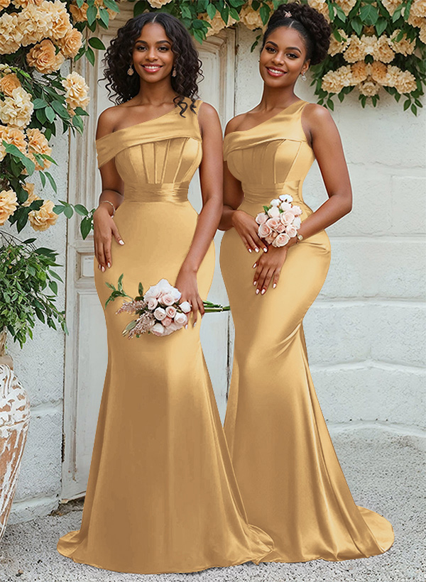 Trumpet/Mermaid Asymmetrical Sweep Train Charmeuse Bridesmaid Dresses, product image 15