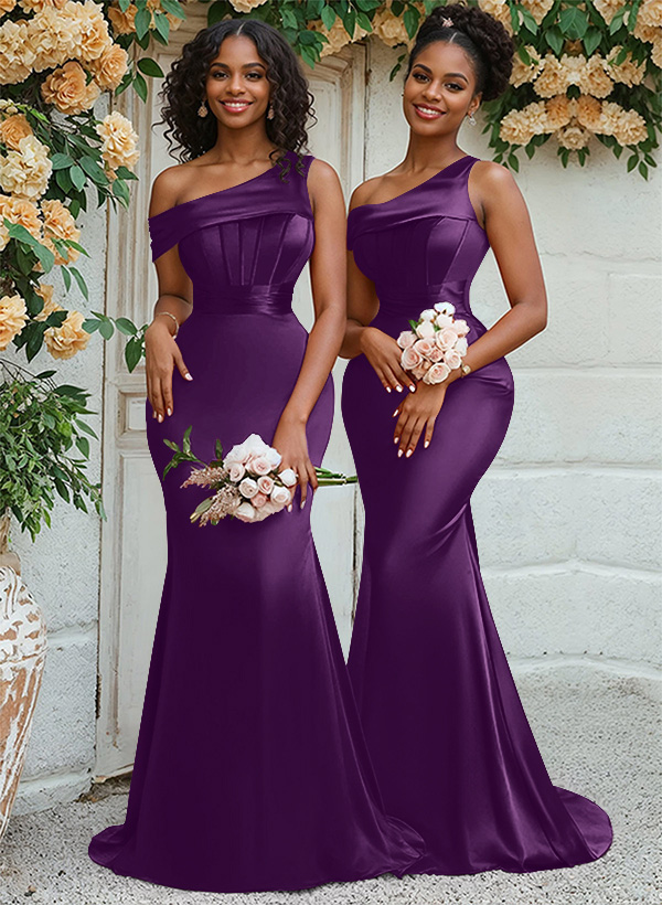 Trumpet/Mermaid Asymmetrical Sweep Train Charmeuse Bridesmaid Dresses, product image 19