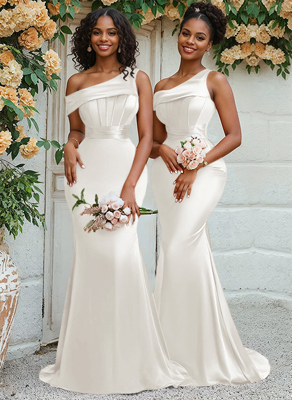 Trumpet/Mermaid Asymmetrical Sweep Train Charmeuse Bridesmaid Dresses, product image 21
