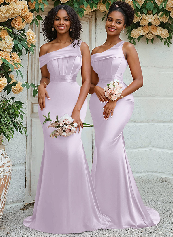 Trumpet/Mermaid Asymmetrical Sweep Train Charmeuse Bridesmaid Dresses, product image 23