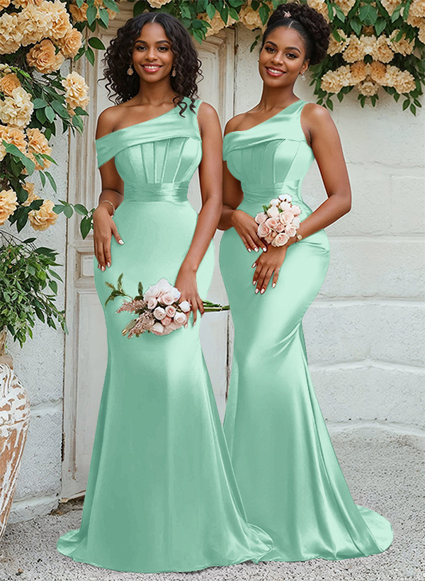 Trumpet/Mermaid Asymmetrical Sweep Train Charmeuse Bridesmaid Dresses, product image 25