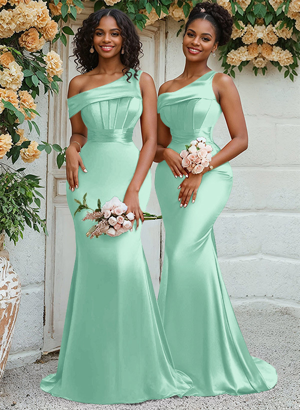 Trumpet/Mermaid Asymmetrical Sweep Train Charmeuse Bridesmaid Dresses, product image 25