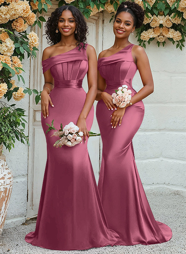 Trumpet/Mermaid Asymmetrical Sweep Train Charmeuse Bridesmaid Dresses, product image 47