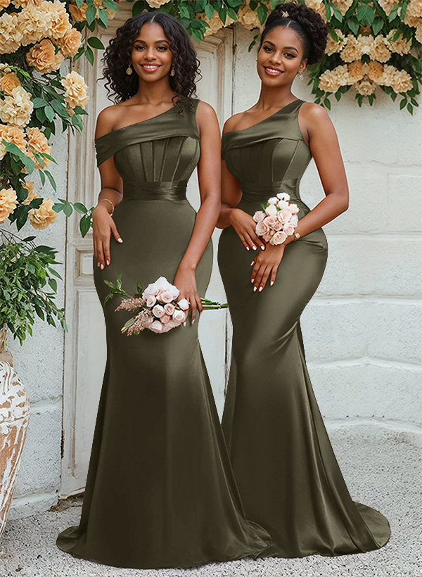 Trumpet/Mermaid Asymmetrical Sweep Train Charmeuse Bridesmaid Dresses, product image 71