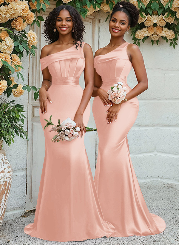 Trumpet/Mermaid Asymmetrical Sweep Train Charmeuse Bridesmaid Dresses, product image 29