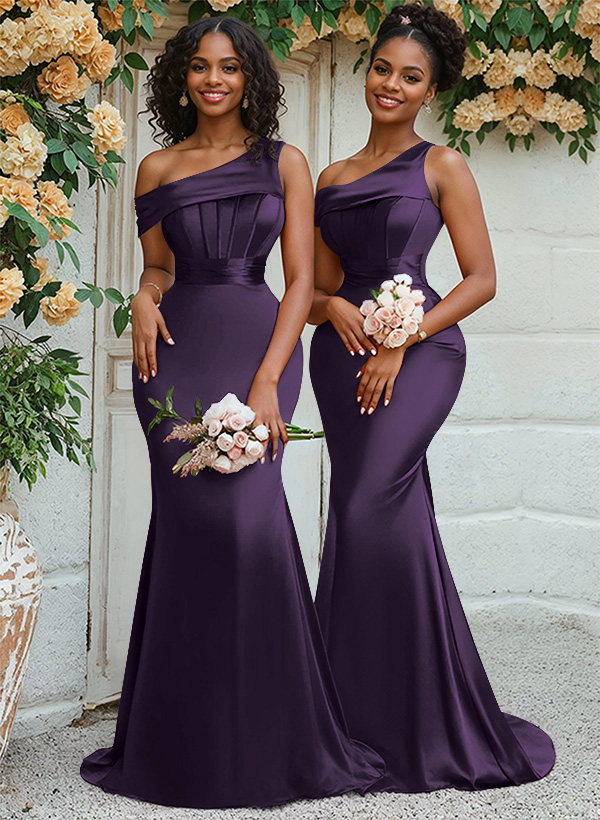 Trumpet/Mermaid Asymmetrical Sweep Train Charmeuse Bridesmaid Dresses, product image 55