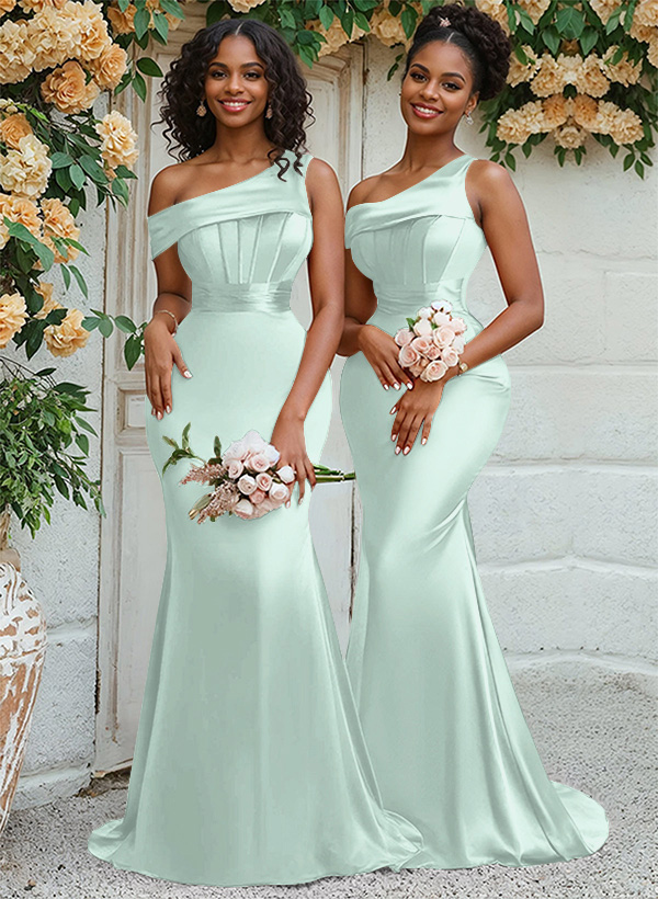 Trumpet/Mermaid Asymmetrical Sweep Train Charmeuse Bridesmaid Dresses, product image 67