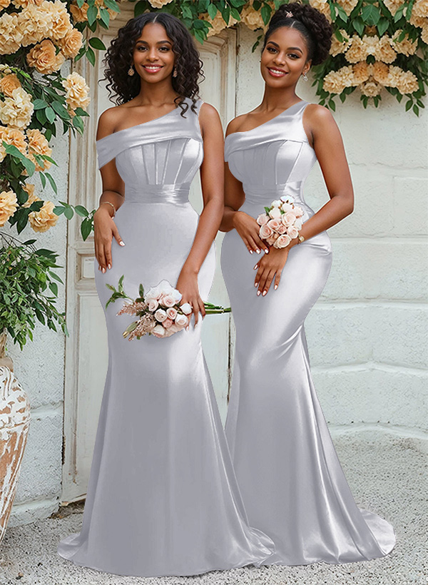 Trumpet/Mermaid Asymmetrical Sweep Train Charmeuse Bridesmaid Dresses, product image 35