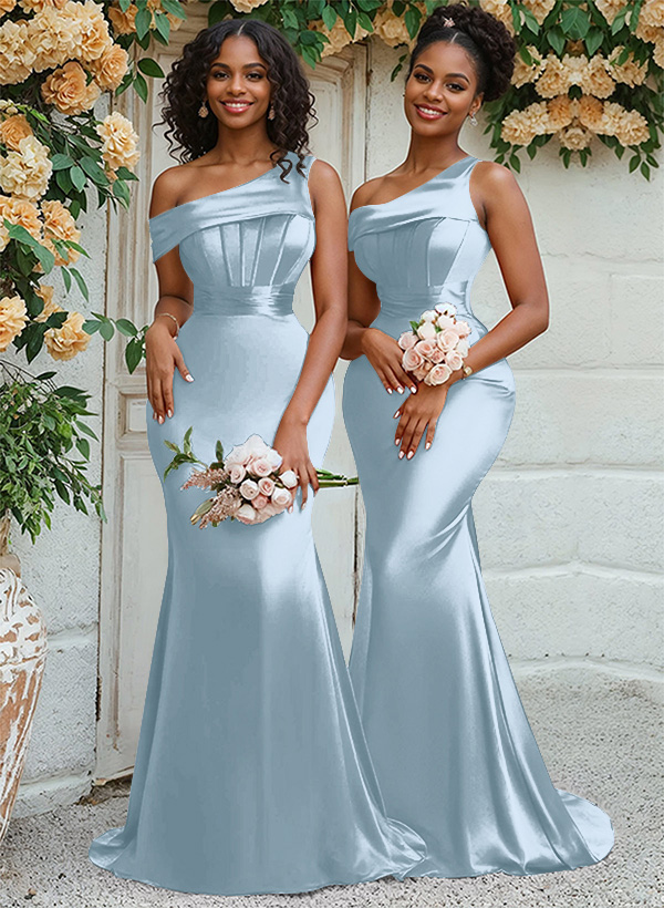 Trumpet/Mermaid Asymmetrical Sweep Train Charmeuse Bridesmaid Dresses, product image 43