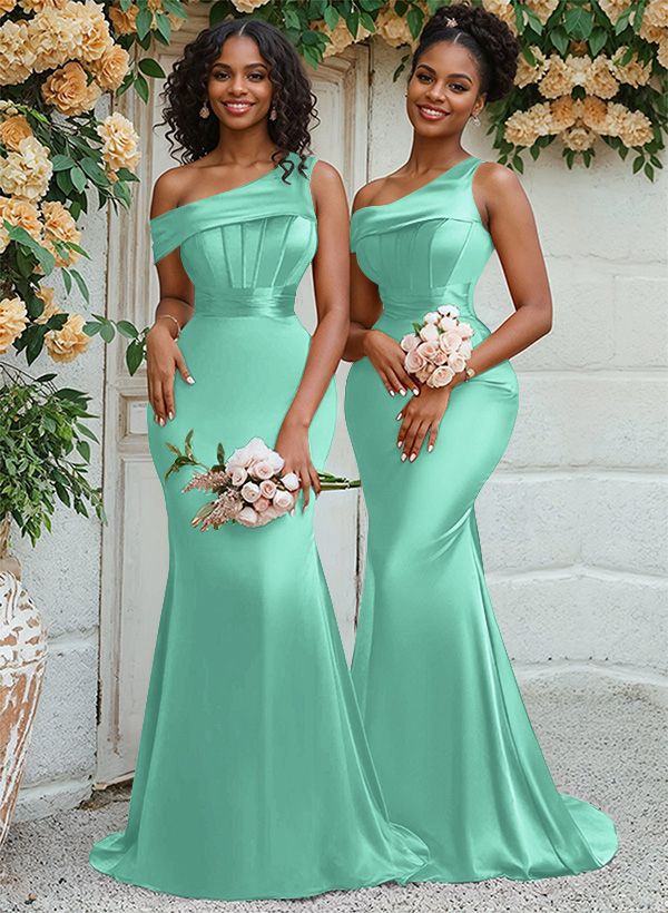 Trumpet/Mermaid Asymmetrical Sweep Train Charmeuse Bridesmaid Dresses, product image 59