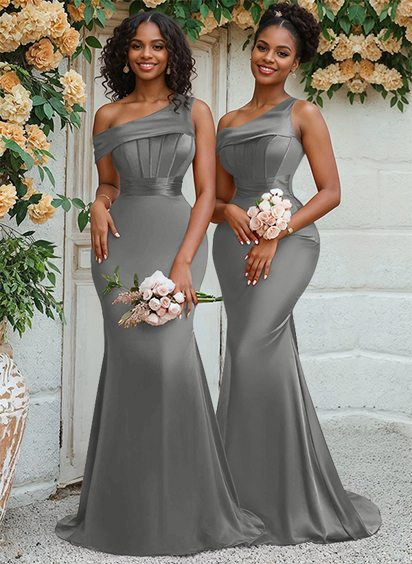 Trumpet/Mermaid Asymmetrical Sweep Train Charmeuse Bridesmaid Dresses, product image 49