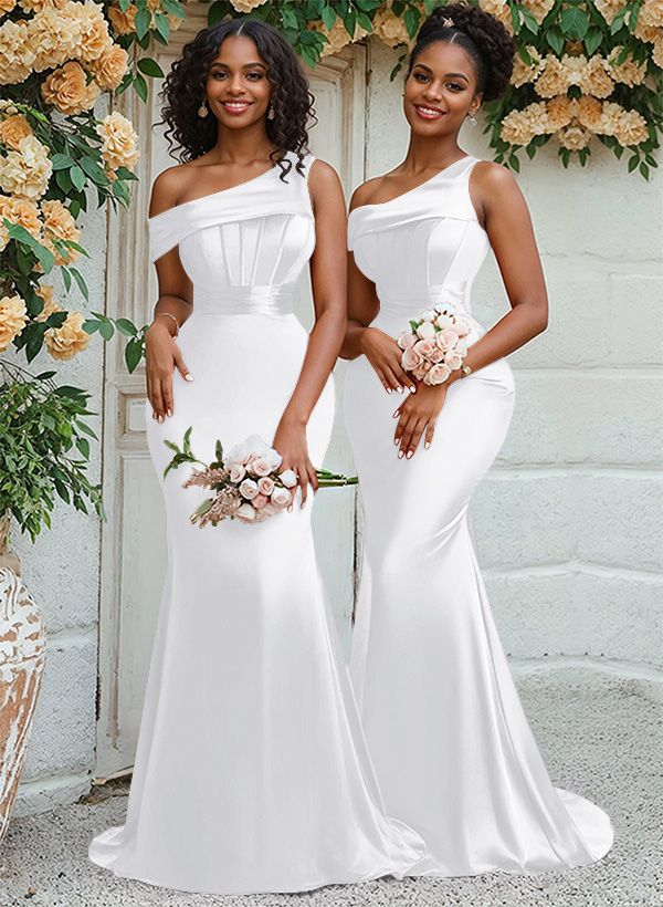 Trumpet/Mermaid Asymmetrical Sweep Train Charmeuse Bridesmaid Dresses, product image 37