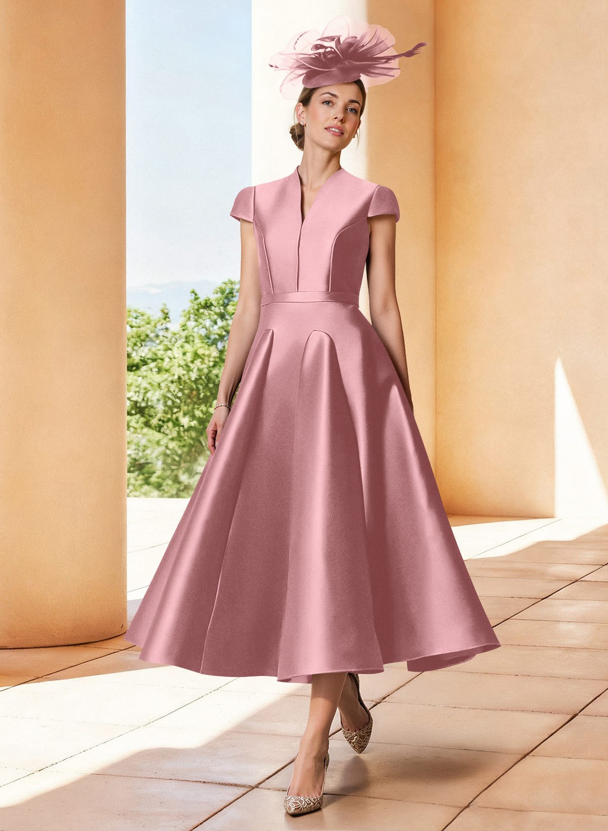 A-Line V-Neck Short Sleeves Tea-Length Satin Mother Of The Bride Dresses