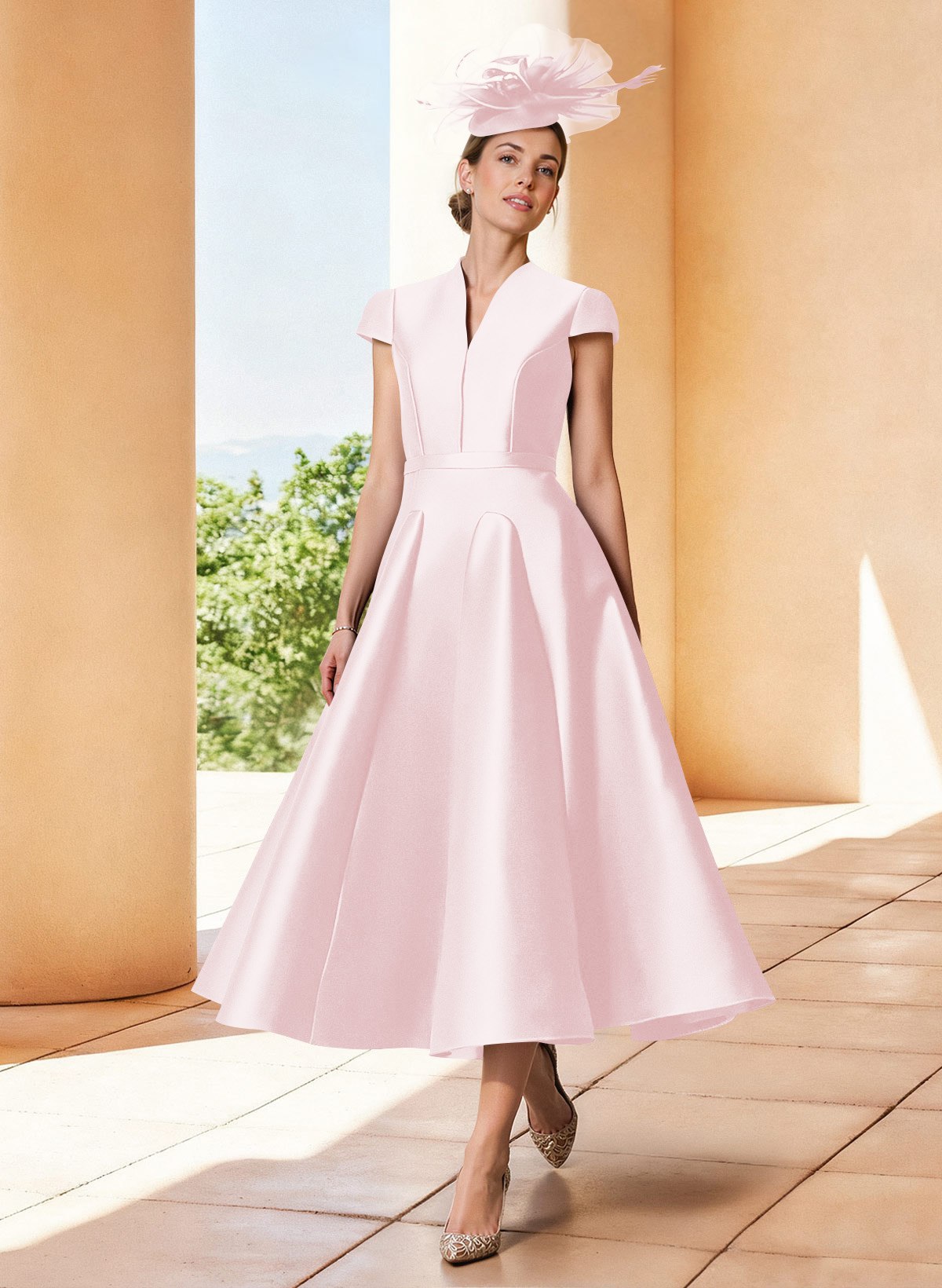 A-Line V-Neck Short Sleeves Tea-Length Satin Mother Of The Bride Dresses