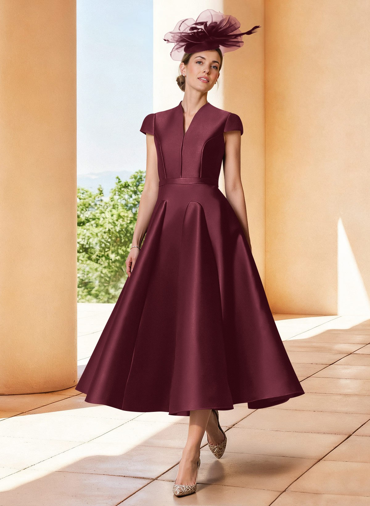 A-Line V-Neck Short Sleeves Tea-Length Satin Mother Of The Bride Dresses