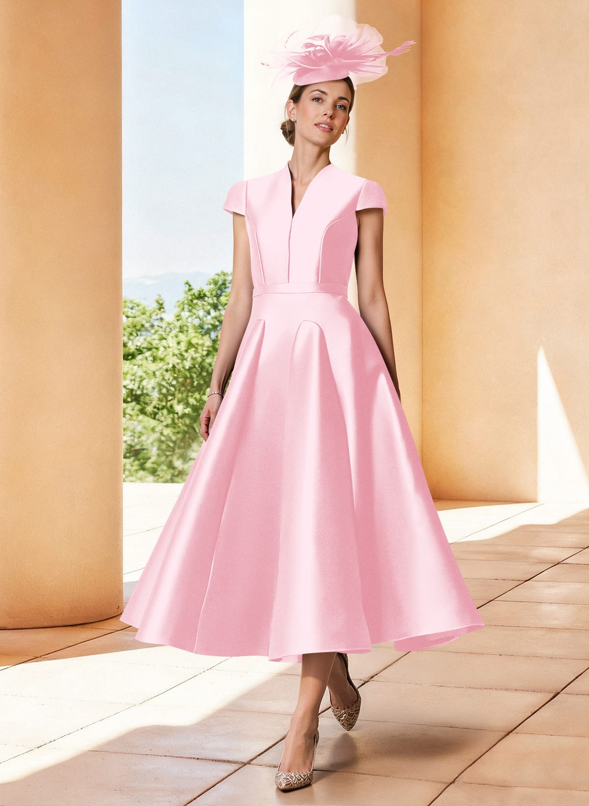 A-Line V-Neck Short Sleeves Tea-Length Satin Mother Of The Bride Dresses