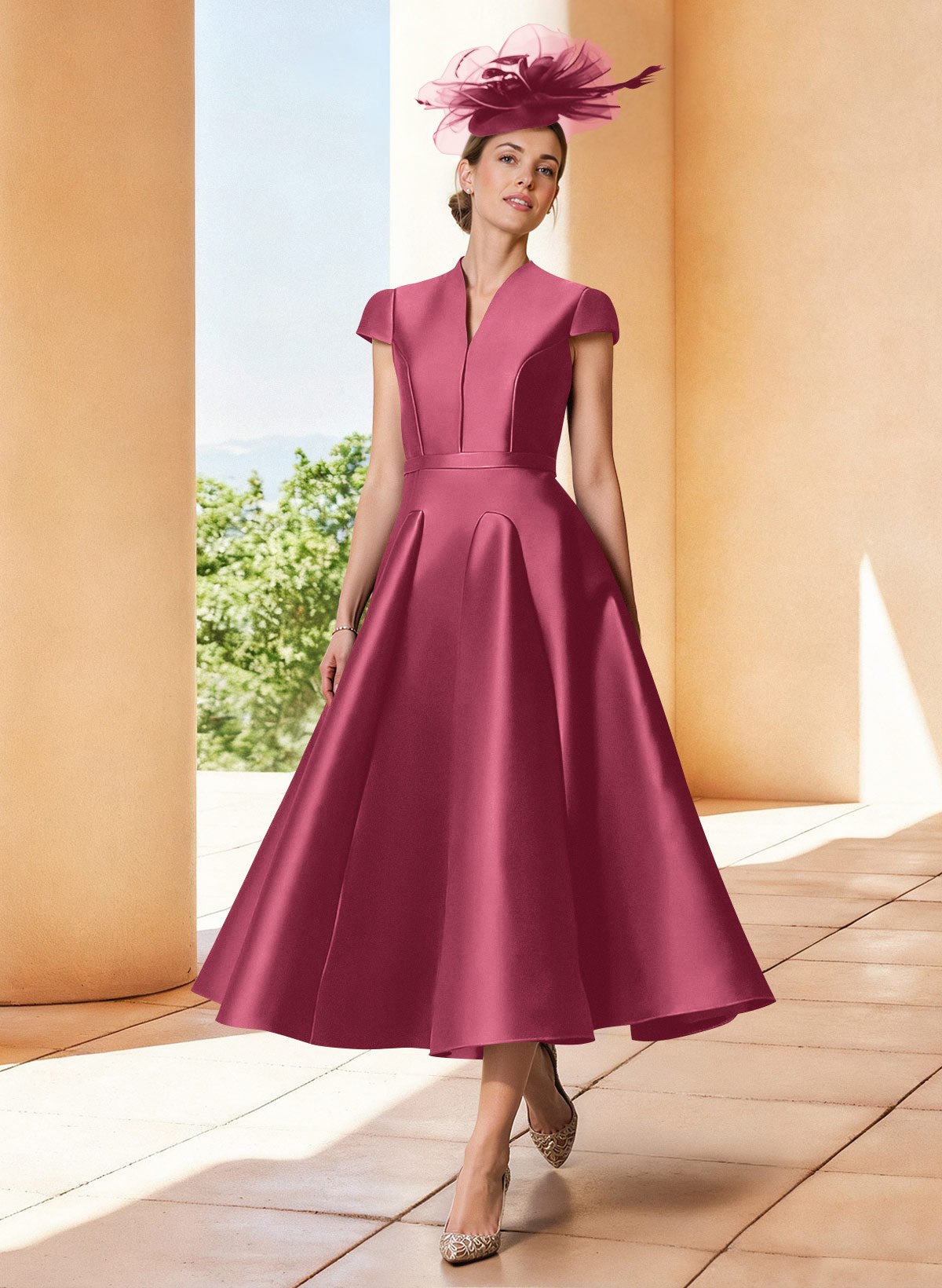 A-Line V-Neck Short Sleeves Tea-Length Satin Mother Of The Bride Dresses