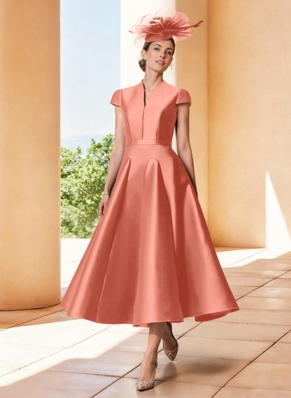 A-Line V-Neck Short Sleeves Tea-Length Satin Mother Of The Bride Dresses