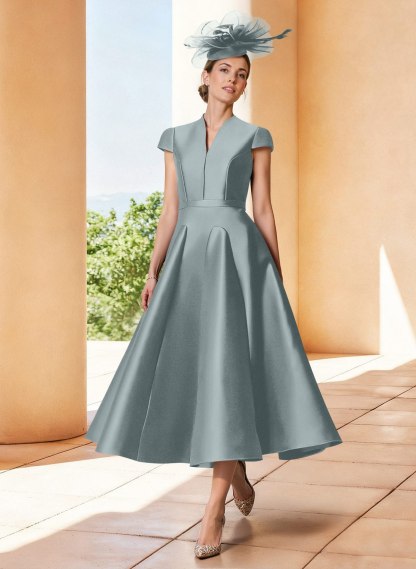 A-Line V-Neck Short Sleeves Tea-Length Satin Mother Of The Bride Dresses