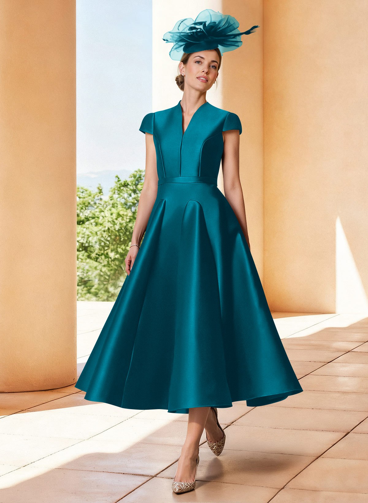 A-Line V-Neck Short Sleeves Tea-Length Satin Mother Of The Bride Dresses