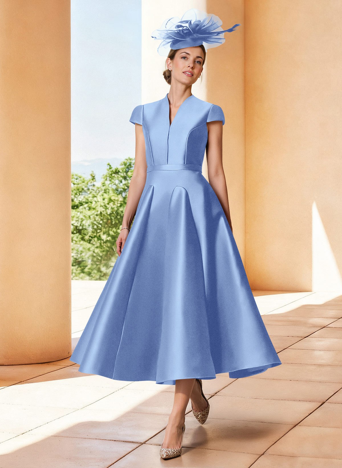 A-Line V-Neck Short Sleeves Tea-Length Satin Mother Of The Bride Dresses