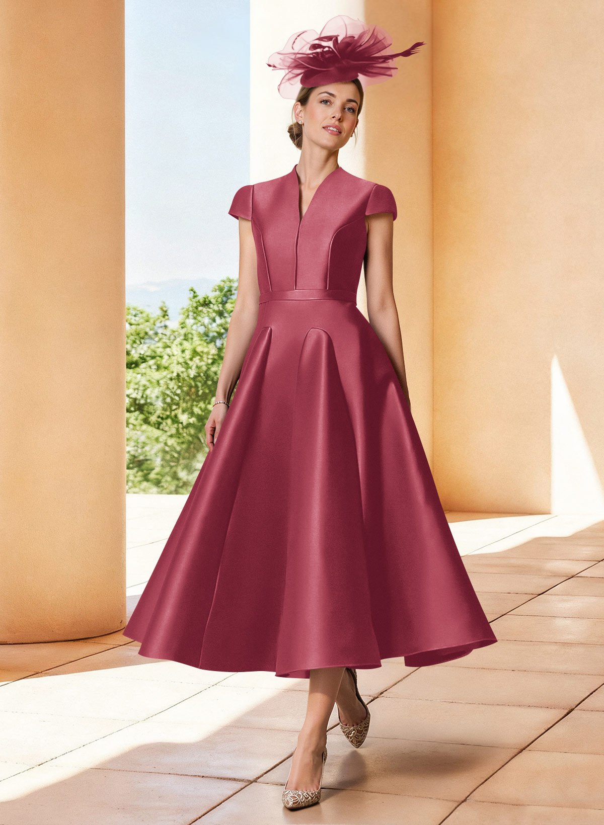 A-Line V-Neck Short Sleeves Tea-Length Satin Mother Of The Bride Dresses