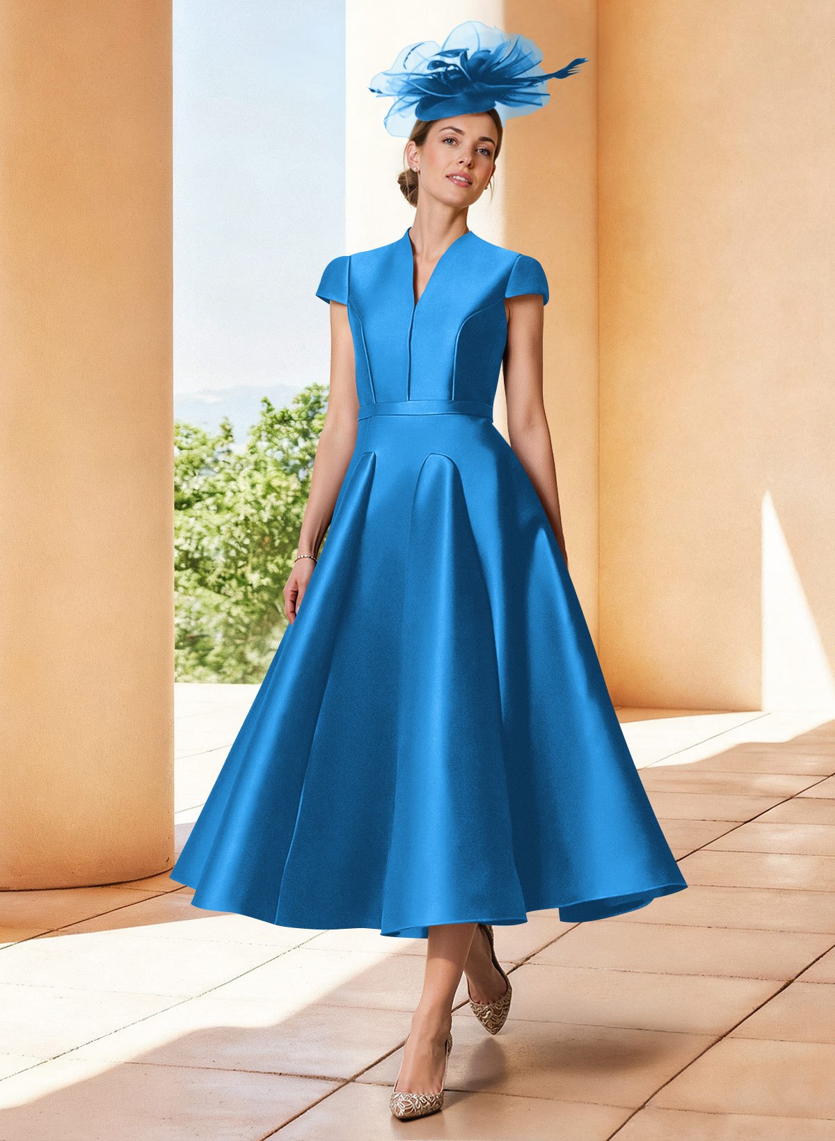 A-Line V-Neck Short Sleeves Tea-Length Satin Mother Of The Bride Dresses