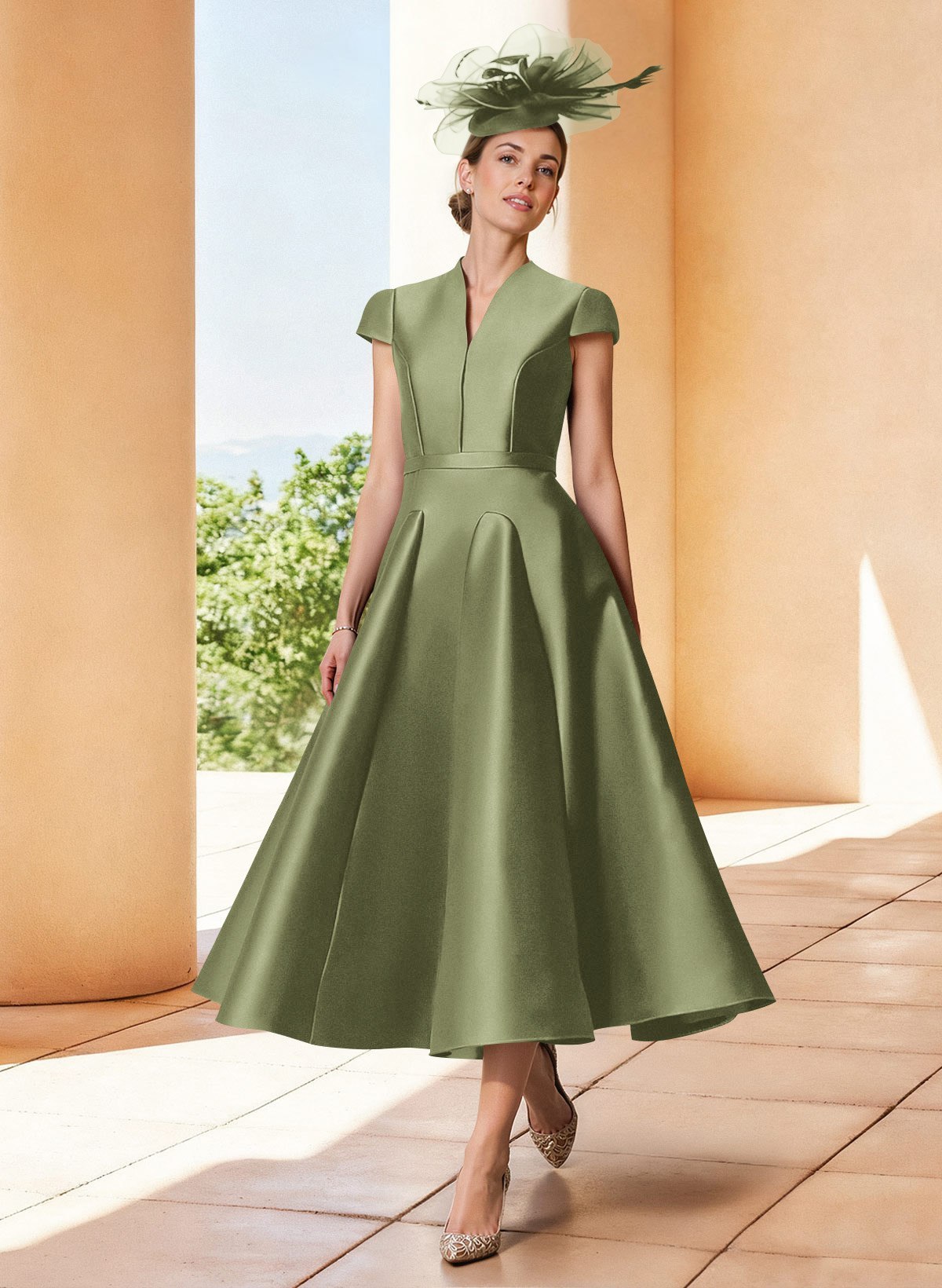 A-Line V-Neck Short Sleeves Tea-Length Satin Mother Of The Bride Dresses