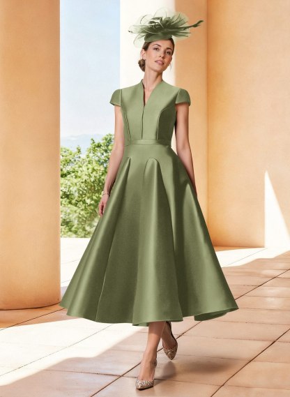 A-Line V-Neck Short Sleeves Tea-Length Satin Mother Of The Bride Dresses