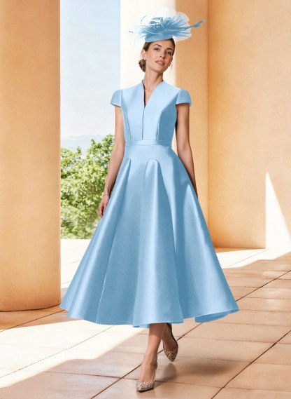 A-Line V-Neck Short Sleeves Tea-Length Satin Mother Of The Bride Dresses