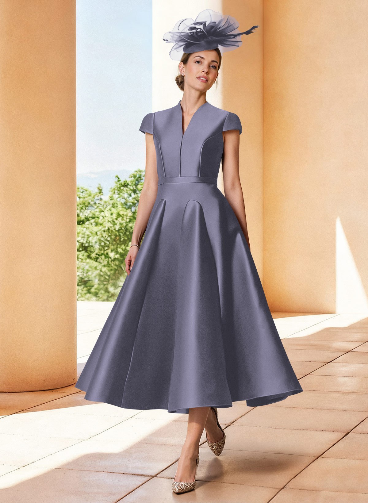 A-Line V-Neck Short Sleeves Tea-Length Satin Mother Of The Bride Dresses