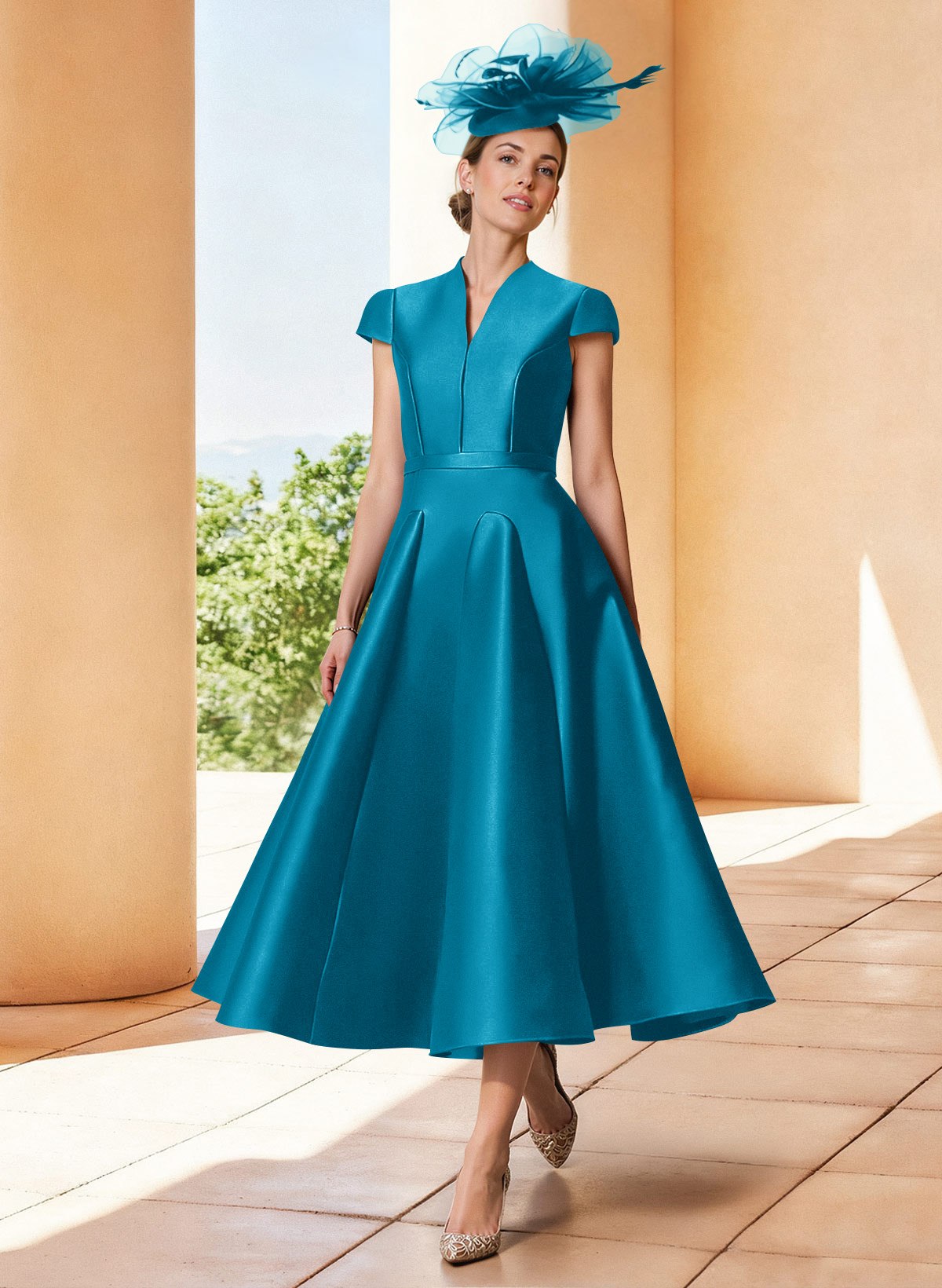 A-Line V-Neck Short Sleeves Tea-Length Satin Mother Of The Bride Dresses