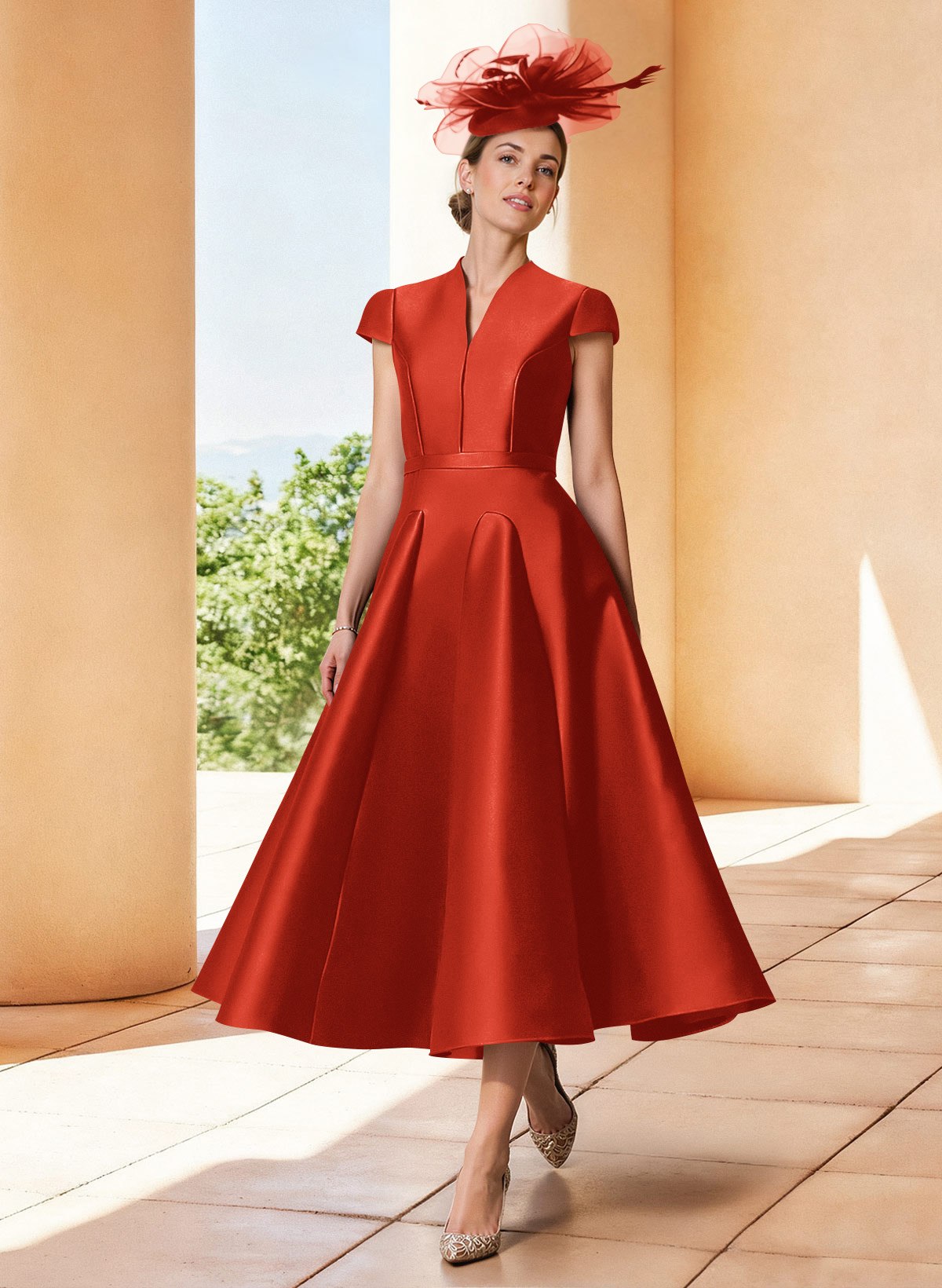A-Line V-Neck Short Sleeves Tea-Length Satin Mother Of The Bride Dresses