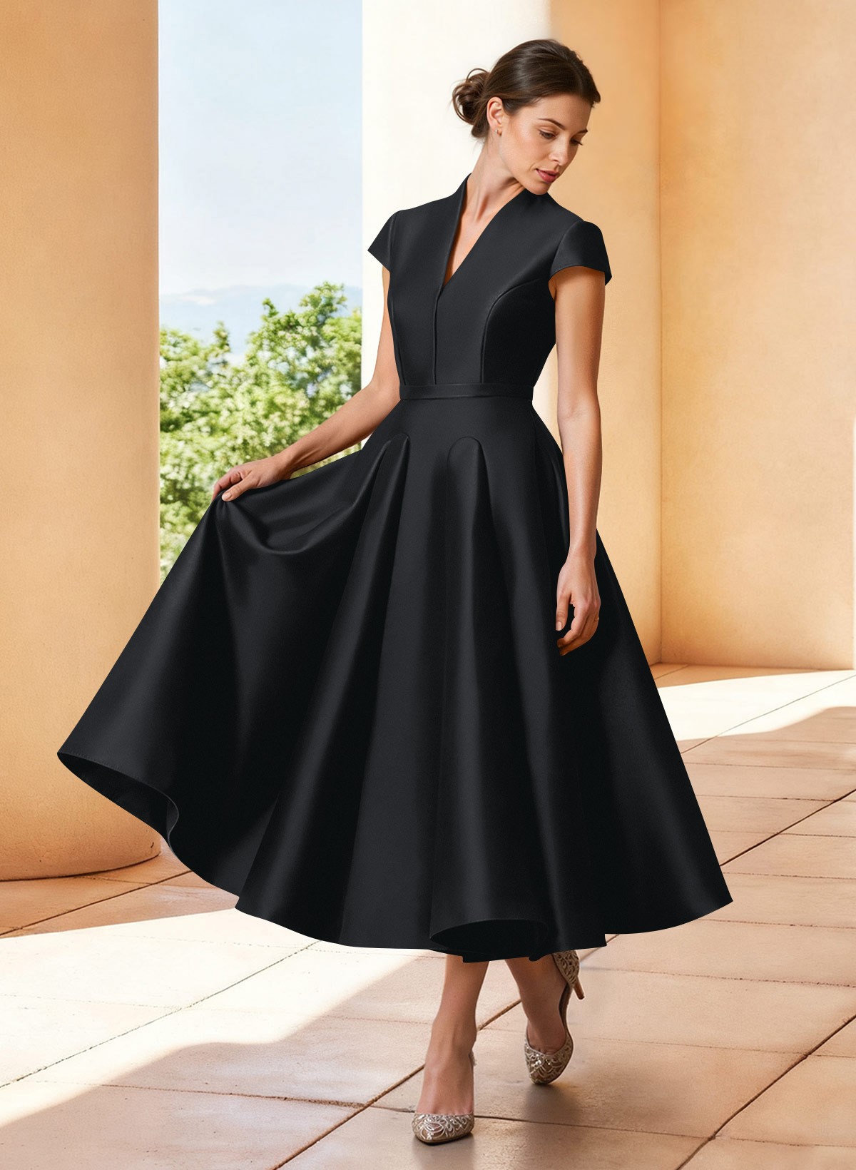 A-Line V-Neck Short Sleeves Tea-Length Satin Mother Of The Bride Dresses