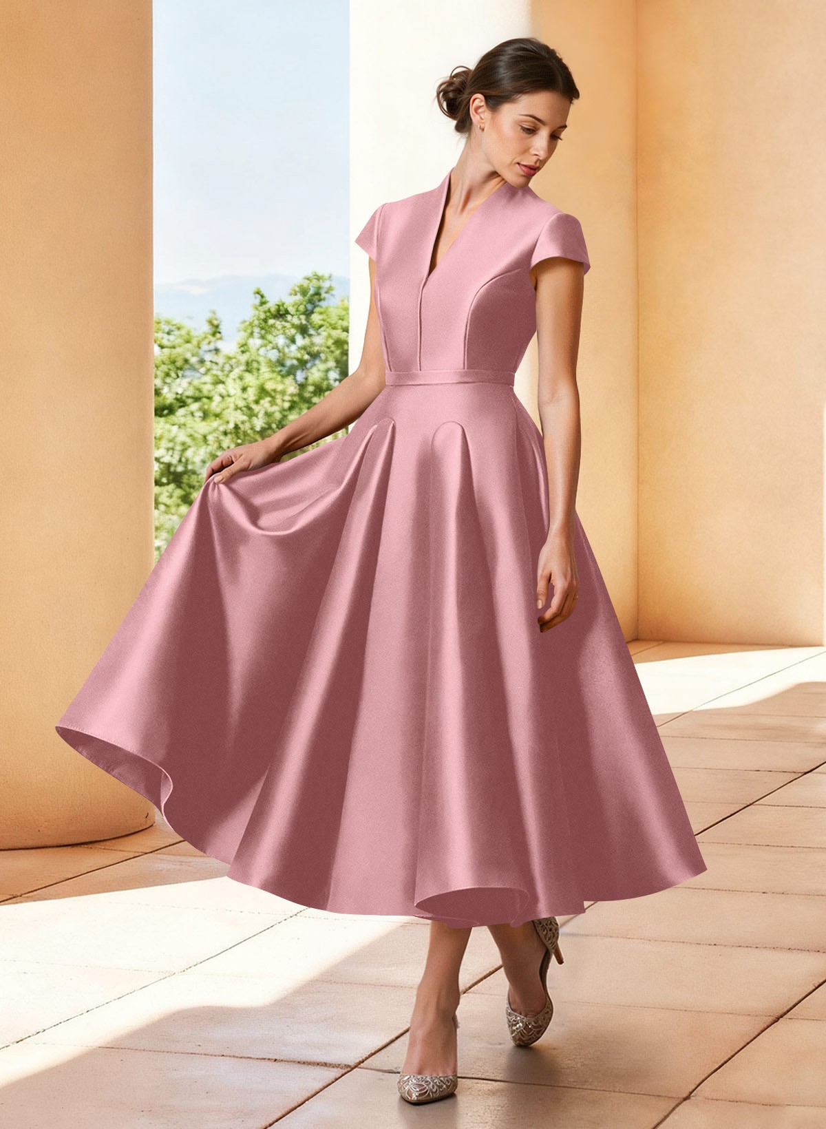 A-Line V-Neck Short Sleeves Tea-Length Satin Mother Of The Bride Dresses