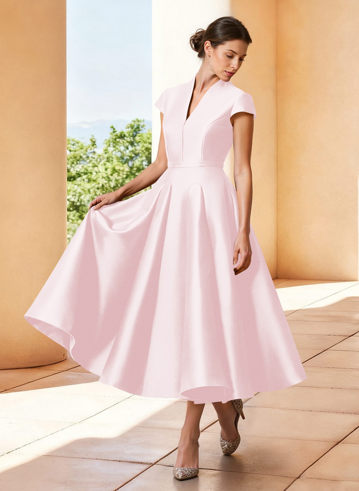 A-Line V-Neck Short Sleeves Tea-Length Satin Mother Of The Bride Dresses