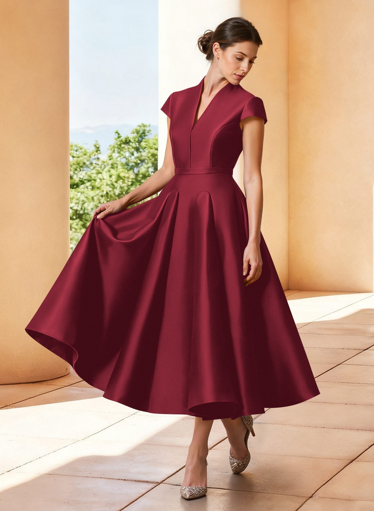 A-Line V-Neck Short Sleeves Tea-Length Satin Mother Of The Bride Dresses
