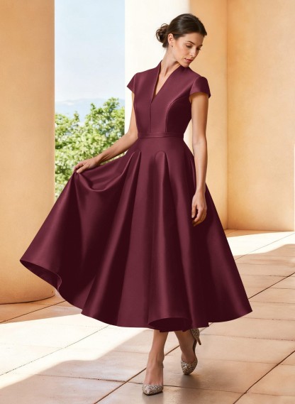 A-Line V-Neck Short Sleeves Tea-Length Satin Mother Of The Bride Dresses