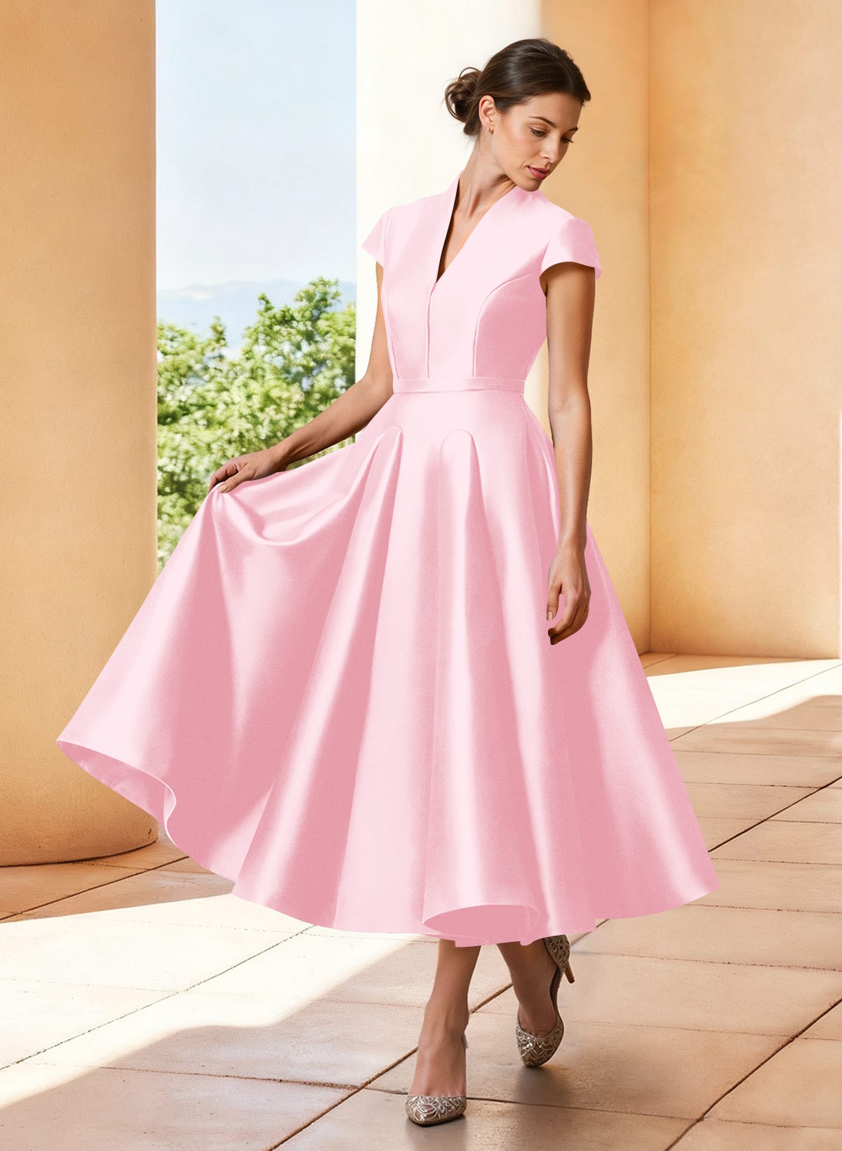 A-Line V-Neck Short Sleeves Tea-Length Satin Mother Of The Bride Dresses