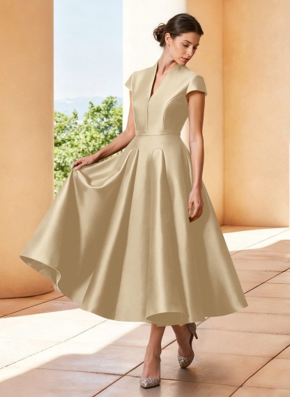 A-Line V-Neck Short Sleeves Tea-Length Satin Mother Of The Bride Dresses