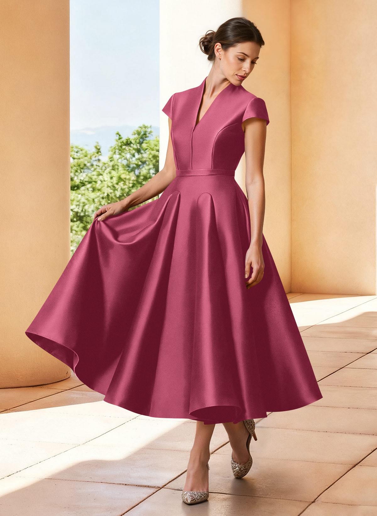 A-Line V-Neck Short Sleeves Tea-Length Satin Mother Of The Bride Dresses