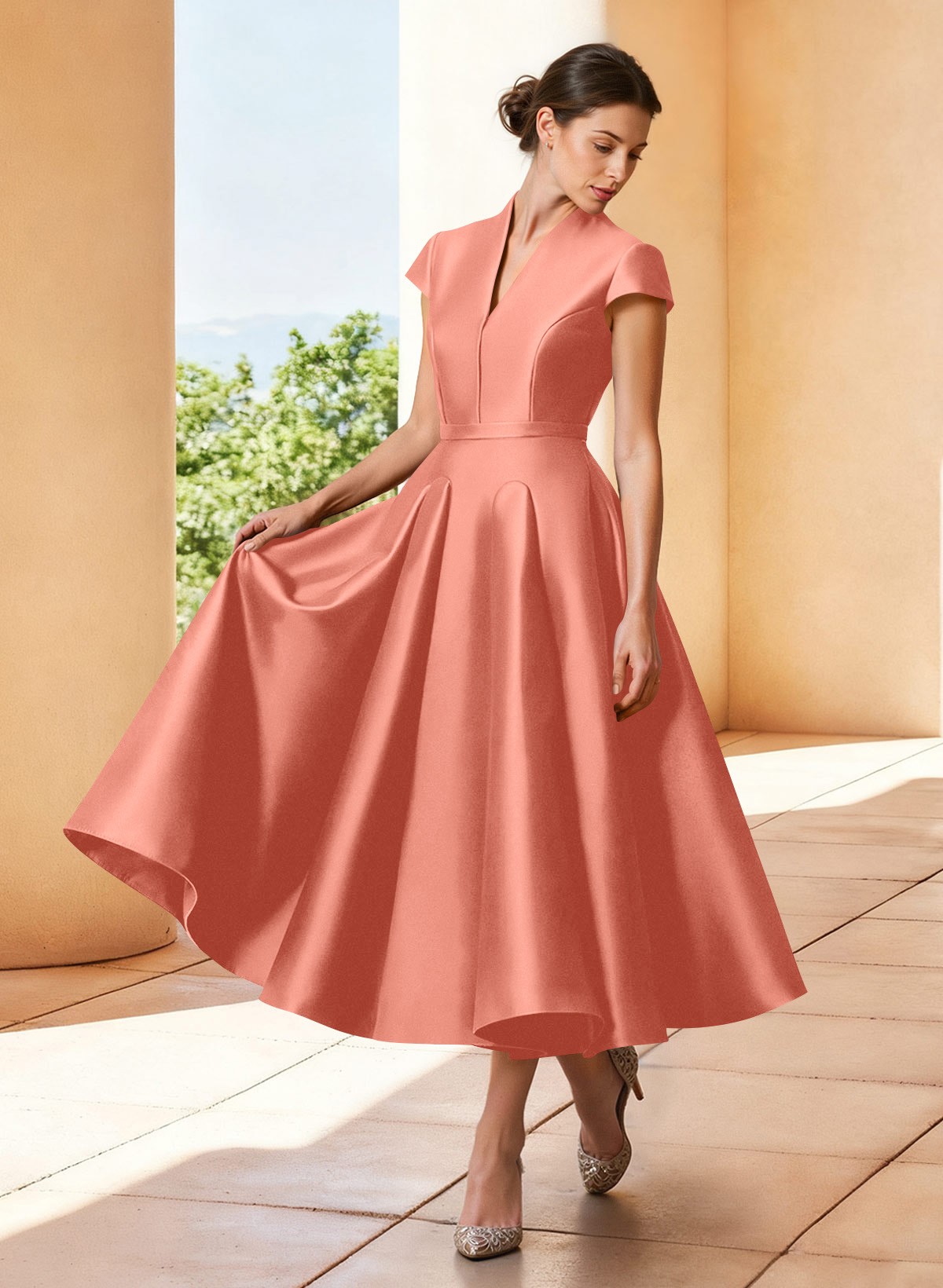 A-Line V-Neck Short Sleeves Tea-Length Satin Mother Of The Bride Dresses